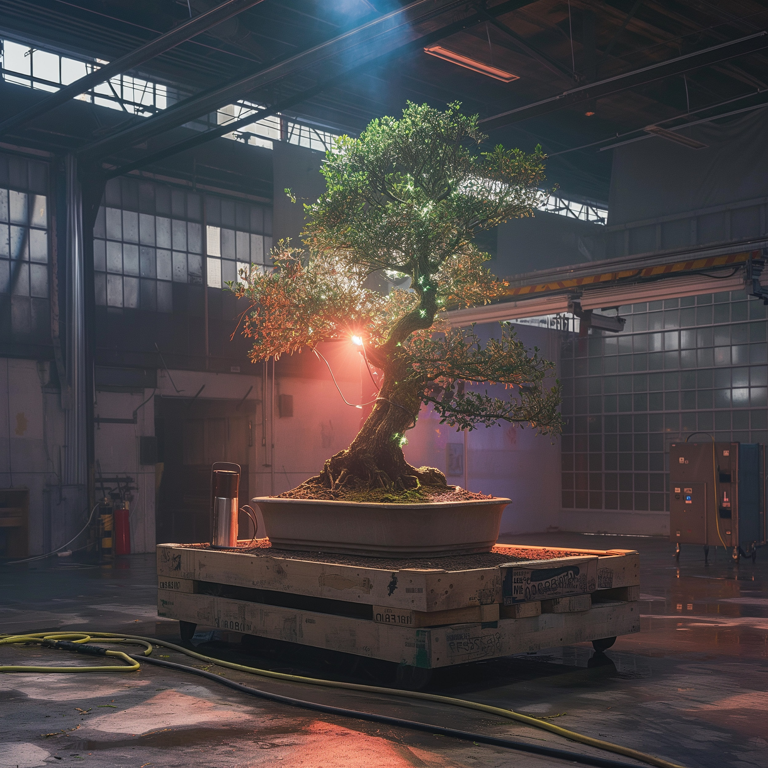 bluueye_bonsai_tree_in_the_center_of_industrial_enviroment_with_fca4cb27-df5e-437c-9e79-9e5821d63507