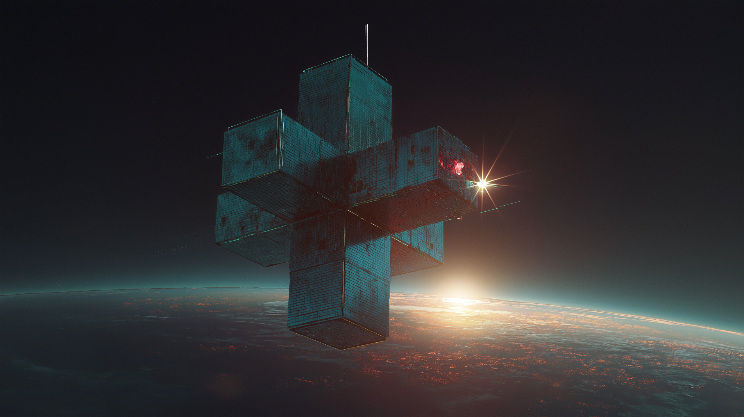 bluueye_retro-futuristic_sci-fi_space_scene_geometric_satellite_bc7c46c3-7568-4269-ba8c-9ebf485a2bff